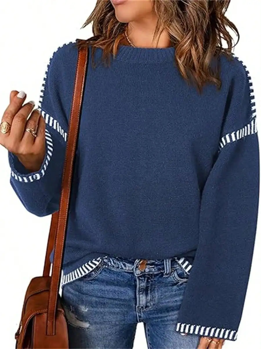 Sweaters For Women Fashion Solid Crewneck Pullover Loose Fit Long Sleeve Contrast Cable Knit Sweater Jumper Top