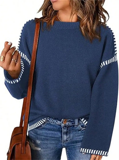 Sweaters For Women Fashion Solid Crewneck Pullover Loose Fit Long Sleeve Contrast Cable Knit Sweater Jumper Top