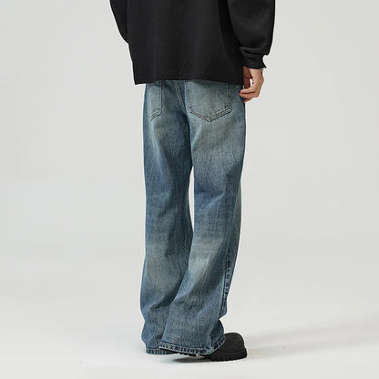 QICHE Men Lightning Crack Wash Flare Jeans American Vintage Loose Trendy Designer Denim Trousers