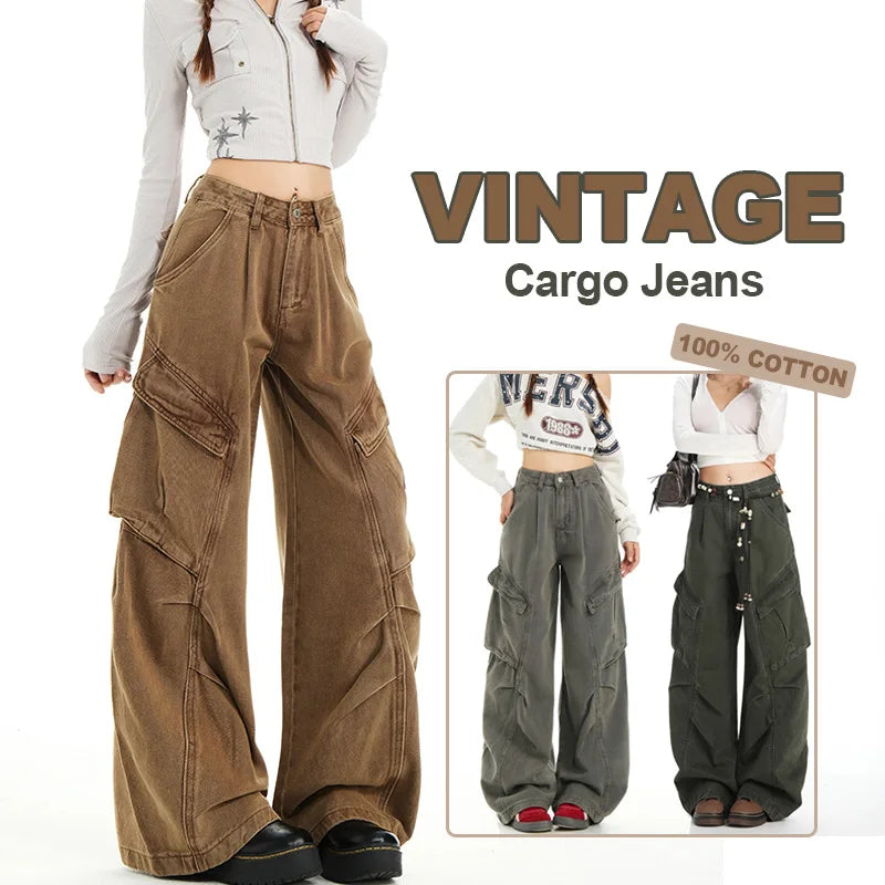 Retro Casual High Waisted Baggy Cargo Jeans Women Washed Distressed Wide Leg Pants Brown Denim Y2K Streetwear Vintage Trousers