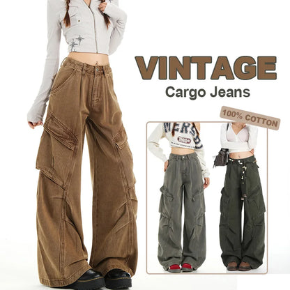 Retro Casual High Waisted Baggy Cargo Jeans Women Washed Distressed Wide Leg Pants Brown Denim Y2K Streetwear Vintage Trousers