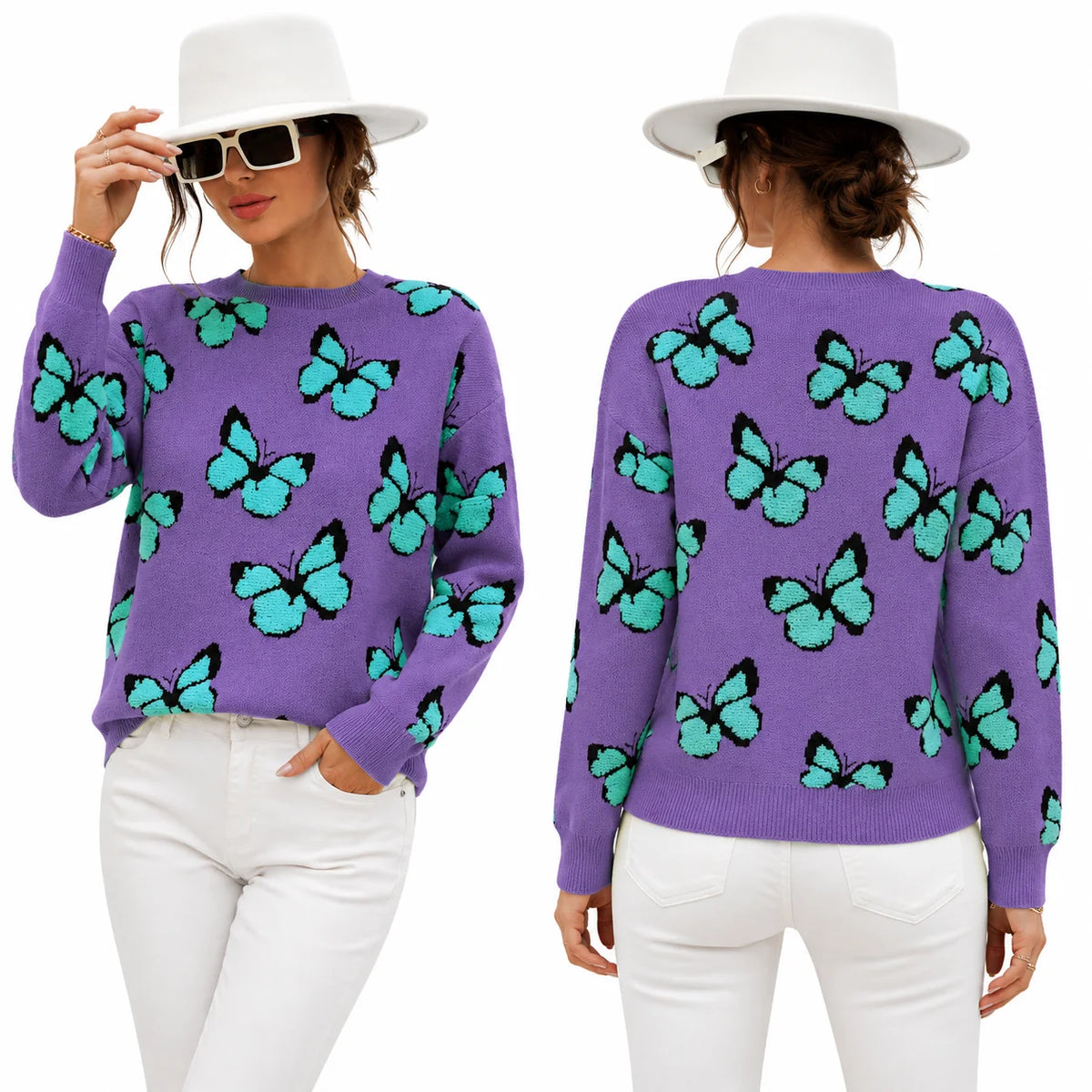 3D Flocking Butterfly Print Knit Sweater for Women Round Neck Drop Shoulder Long Sleeve Loose Pullover Casual Jumper Fall Winter Fashion Streetwear Tops