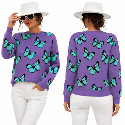 3D Flocking Butterfly Print Knit Sweater for Women Round Neck Drop Shoulder Long Sleeve Loose Pullover Casual Jumper Fall Winter Fashion Streetwear Tops