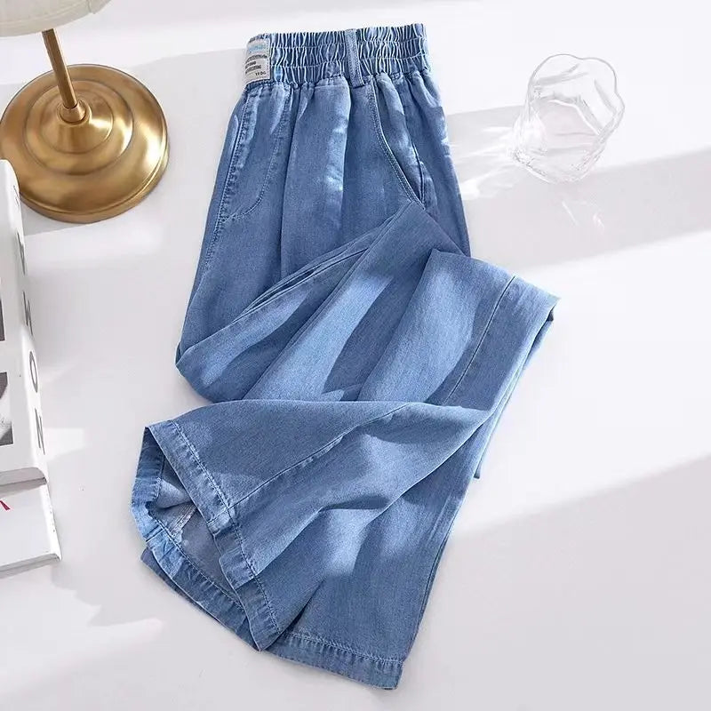 Plus Size Loose Fit Ice Silk Jeans Casual Yoga Demin Pants Women's Summer Trendy Brand Thin Wide Leg Pants Feel Comfortable
