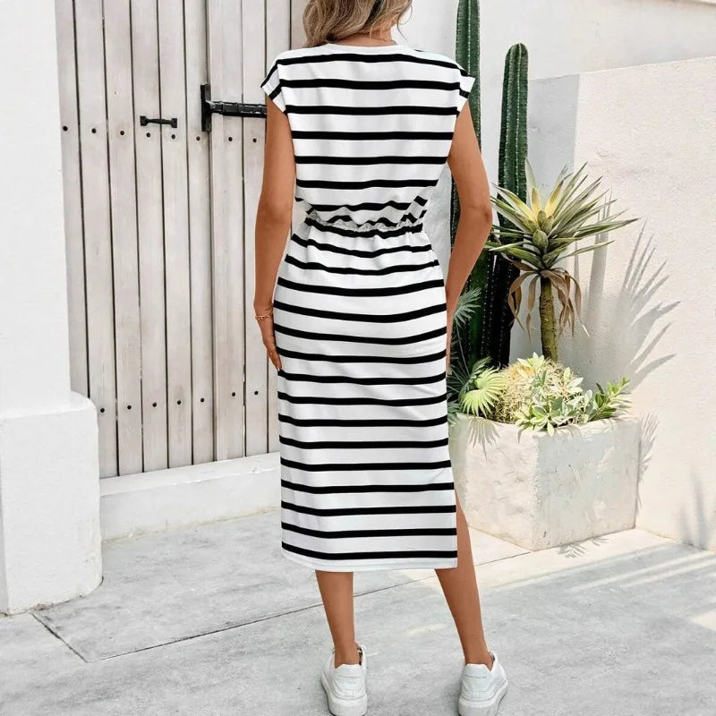 Fashion Ladies Black and White Striped Split Crew Neck Casual Dress White Dress Women Dress Summer Dress
