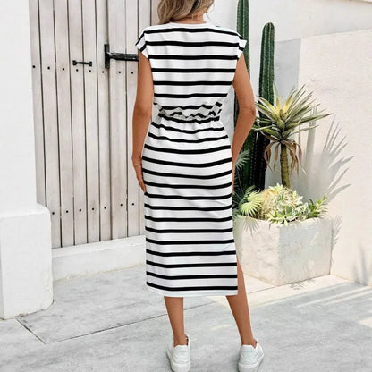 Fashion Ladies Black and White Striped Split Crew Neck Casual Dress White Dress Women Dress Summer Dress