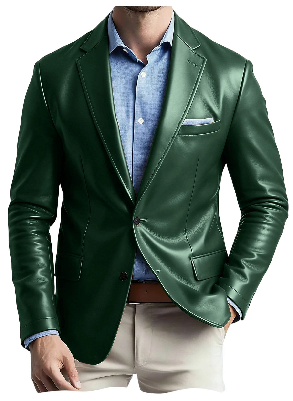 Men's Faux Leather Blazer Notch Lapel Flap Pockets Slim Fit Suit Jacket Coats For Casual Business Wedding Party