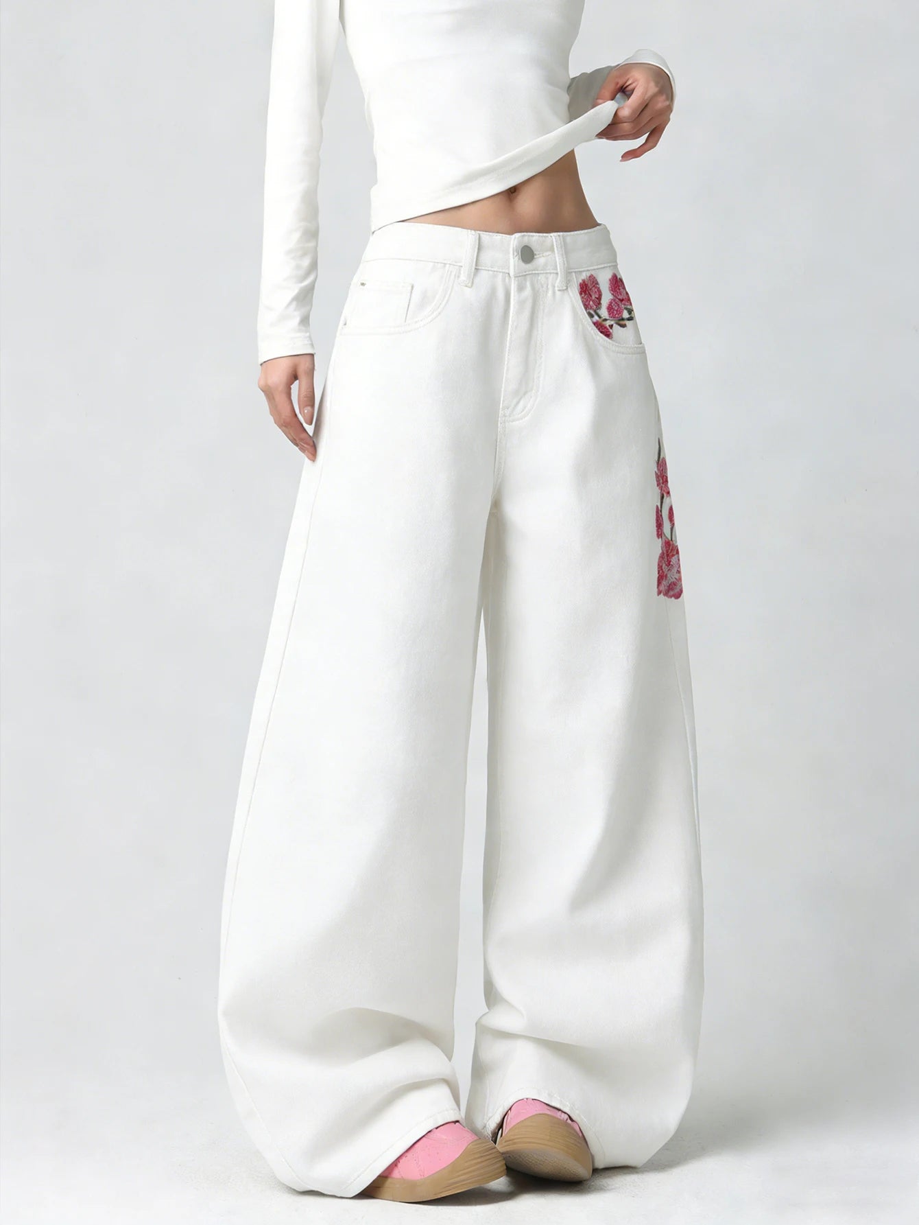 Women's White Embroidered High-Waist Loose Wide-Leg Jeans Y2K Street Trend Comfortable Everyday Versatile All-Season Pants