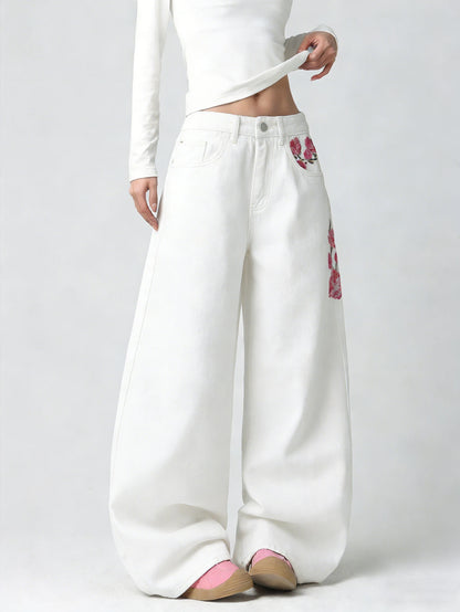 Women's White Embroidered High-Waist Loose Wide-Leg Jeans Y2K Street Trend Comfortable Everyday Versatile All-Season Pants