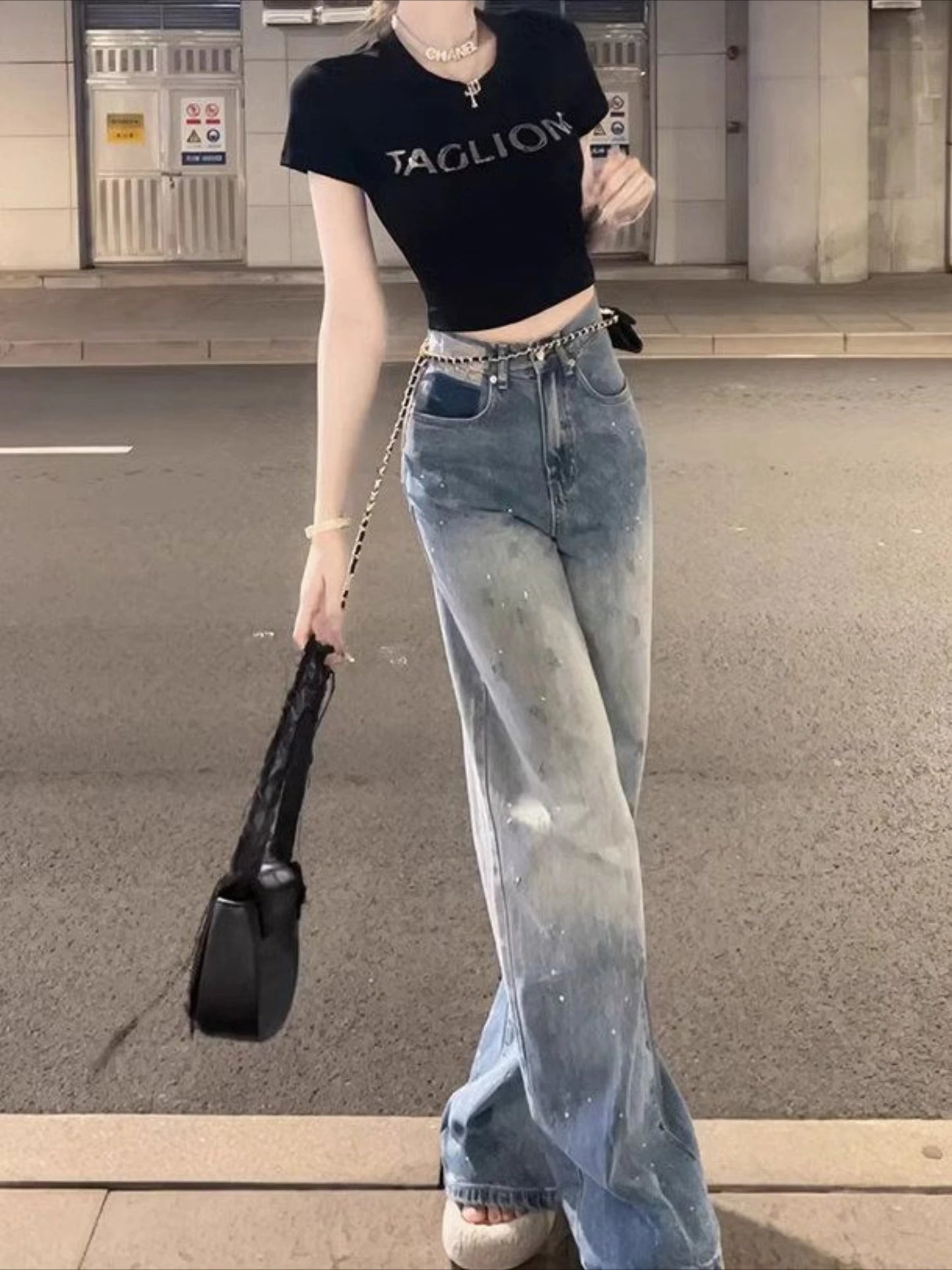 Blue Womens Jeans High Waist Shot Denim Pants for Women Straight Leg Trousers Stylish Wholesale Medium Wash Trend 2025 Original
