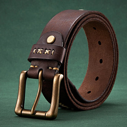 3.8CM Men High Quality Genuine Leather Belt Luxury Designer Brass Pin Buckle Belts Pure Cowskin Vintage Strap Male Jeans for Man
