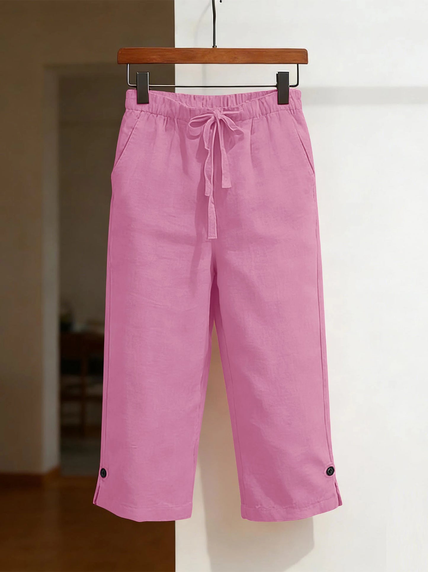 Women's Solid Color Cotton Linen Loose Fit Capri Pants with Belt and Multiple Pockets Front and Back