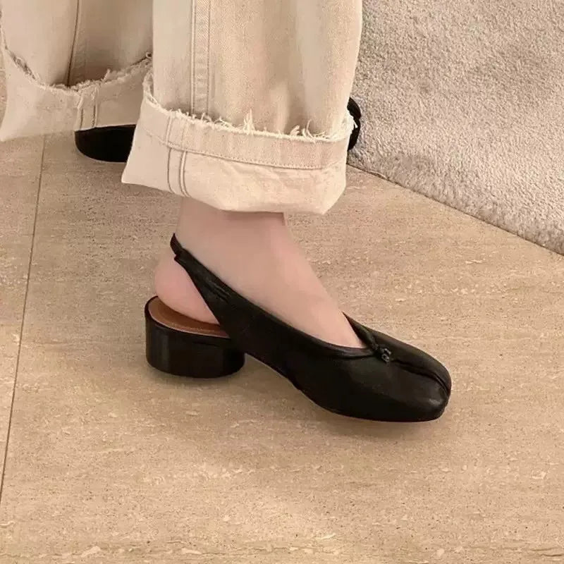 2025 Spring Summer Fashion Soft Leather Split Toe Women Pumps Casual Comfortable 3.5cm Low Heeled Slingbacks Tabi Ballet Shoes