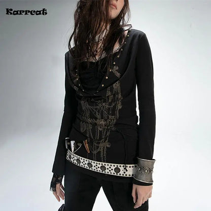 Karrram Grunge Aesthetics Tattoo Print T-shirt Japanese Y2k Fake Two-piece Tops Trashy 2000s Style Streetwear Black Gothic Punk