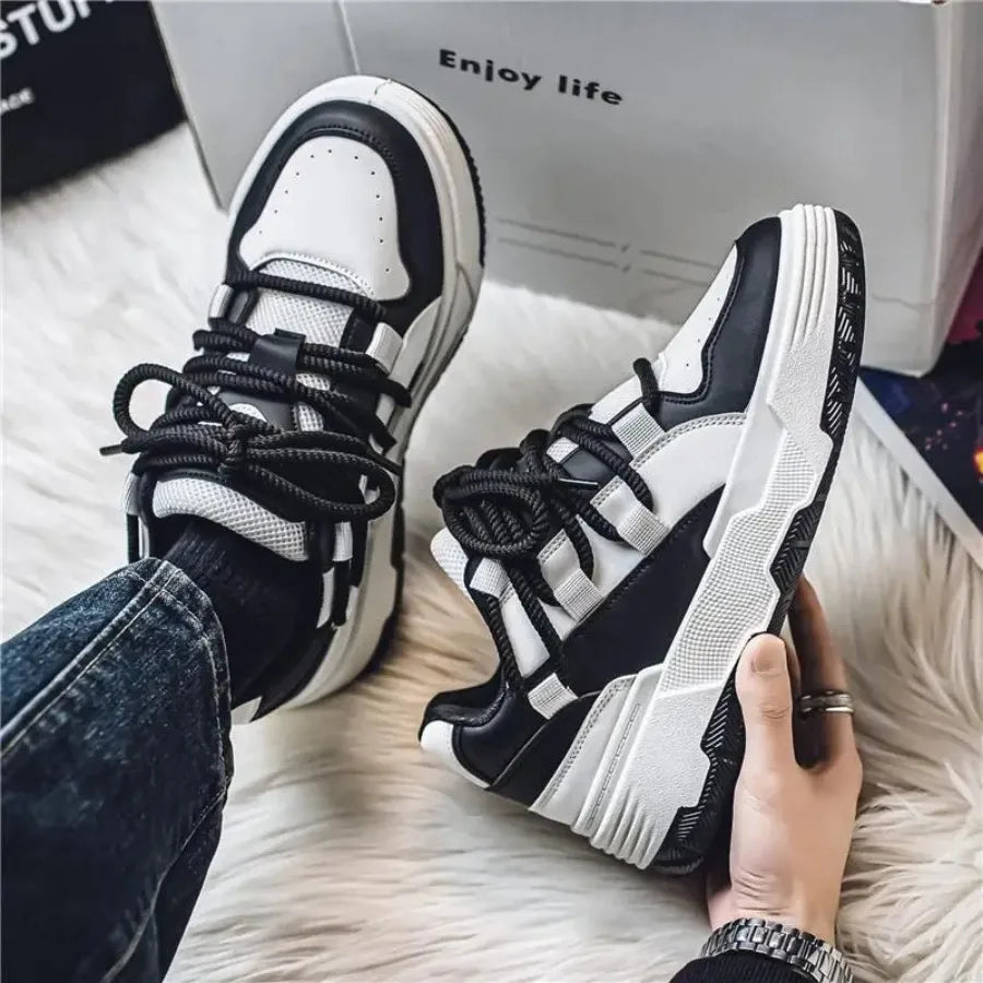 Men's Low-Top Sneakers Upper and Sole Lace-Up Casual Sneakers - Black/White Suitable for Daily Commuting Outdoor Sports Gym Off