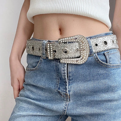 Gothic Black Silver Metal Buckle Rhinestone Belt Luxury Desiner Four Seasons Y2K Womens Jeans Belt Plus Size Men's Waistband