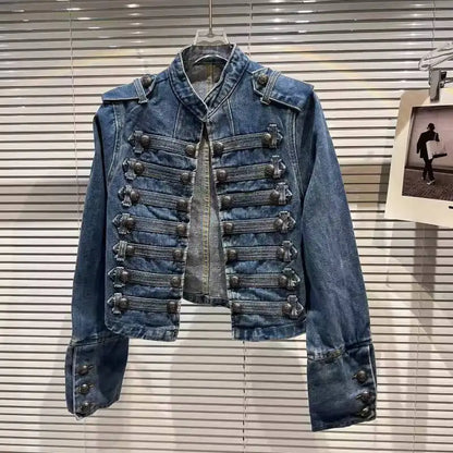 2026 Autumn New Fashion Metal Buckle Design Shoulder Strap Denim Short Jacket For Women High Street Coat Female