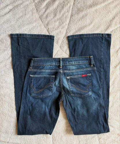 Women Retro Pants Basic Slim Fit Deep Blue Bootcut Jeans Casual Low Waist