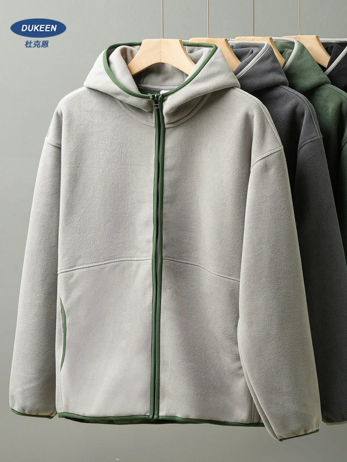 DUKEEN Men's Double-Sided Fleece Hoodie Autumn and Winter Warm Windbreaks 7A Antimicrobial Zipper Jackets for Men