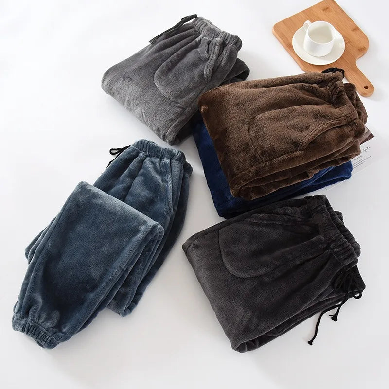 Men Sleep Pants Warm Pants Long Pants Fall Winter Flannel Elastic Cuff Loungewear Pants Loose Fit