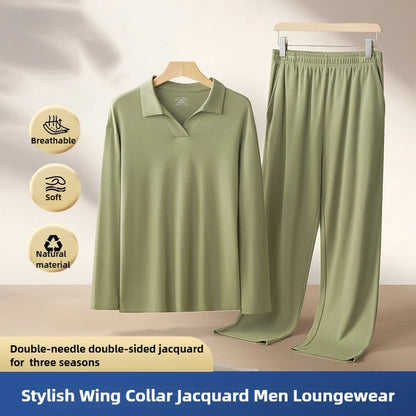 Men Pajama Sets Winter Luxury Jacquard Loungewear Long Sleeve Nightwear Bamboo Fiber Sleepwear Home Street Men Pijamas