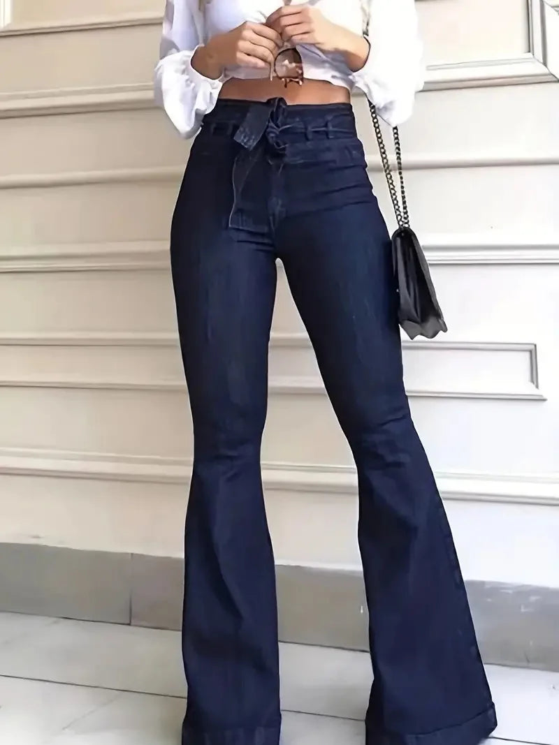 Ladies Deep Blue High Waist Bell Bottom Jeans Elastic Stretch Leg Lengthening Belted Waist
