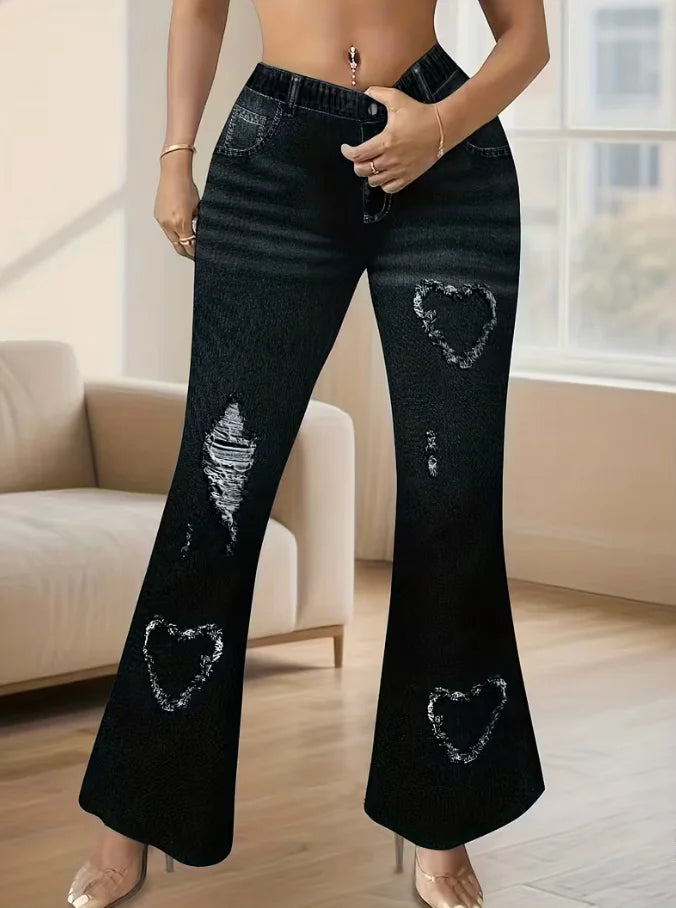 Retro Plus Size Flare Pants, Y2K Heart Print Bell Bottom Leggings, High Waist Stretchy Chic Trousers for Streetwear