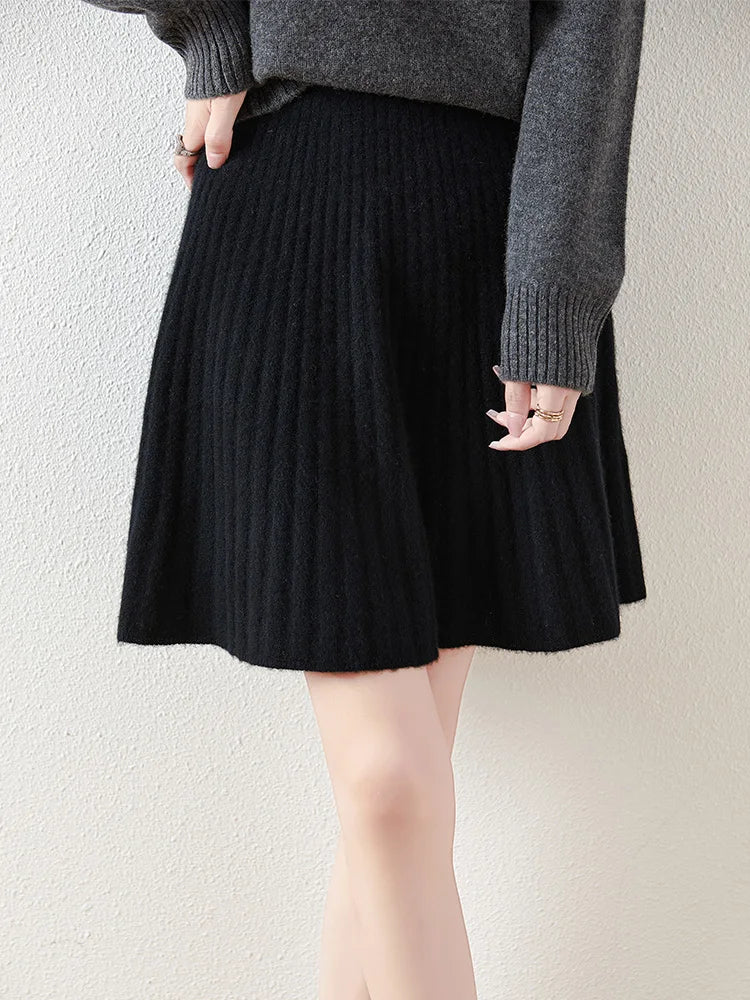 Women's Wave Short Skirt 100% Merino Wool Mini Skirts Autumn Winter Sweater Umbrella Skirt High Waist Stretch Sweet Knit Dresses