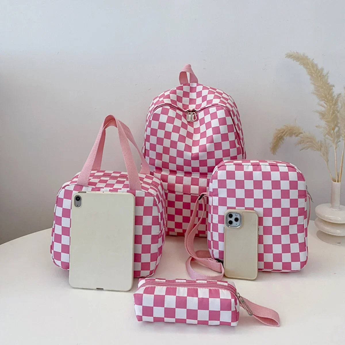 Checkerboard 4Pcs Backpack Set Crossbody &handbag &Pen Case Stitching Multi Pocket Adjustable Straps