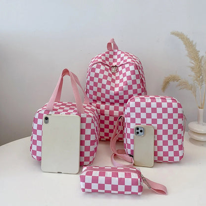 Checkerboard 4Pcs Backpack Set Crossbody &handbag &Pen Case Stitching Multi Pocket Adjustable Straps
