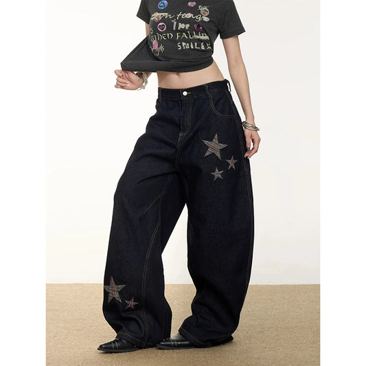 YIBASHU Women Vintage Baggy Black Star Jeans High Waist Denim Trousers 2000s Y2k Harajuku Aesthetic Wide Pants Trashy Clothes