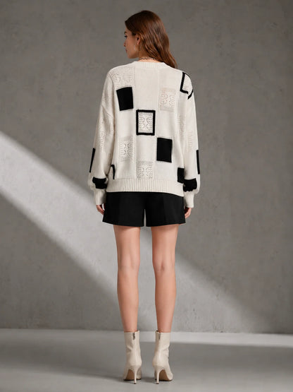 Color Block Square Patchwork Knit Sweater for Women, Hollow Cable Knit Crew Neck Long Sleeve Pullover, Loose Drop Shoulder Casual Jumper for Fall Winter