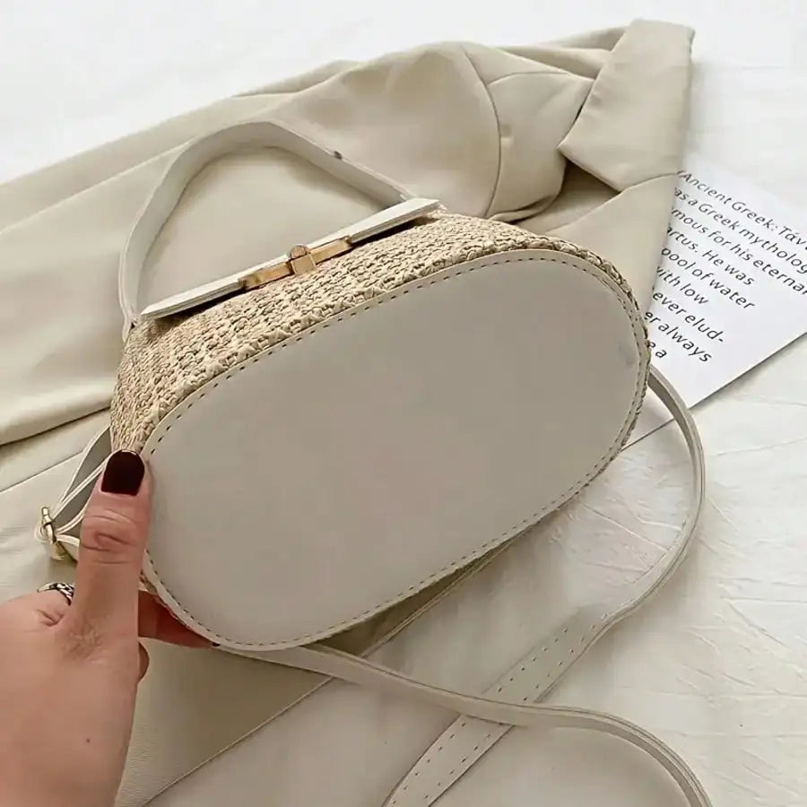 Woven Beach Crossbody Bag, Multi-Functional Adjustable Shoulder Strap, Golden Lock