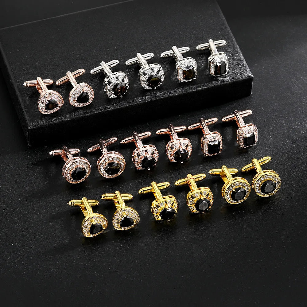 Men Luxury Vintage Metal Cufflinks Zircon Cuffs French Square Buckle Shirt Crystal Copper Cuffs