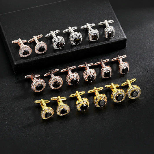Men Luxury Vintage Metal Cufflinks Zircon Cuffs French Square Buckle Shirt Crystal Copper Cuffs