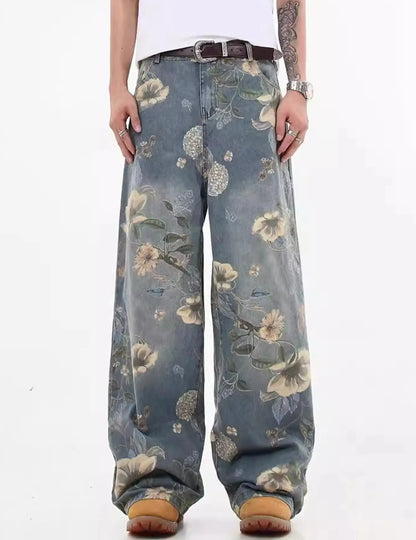 Men's Vintage Wash Baggy Wide Leg Jeans All Over Floral Print Loose Street Style