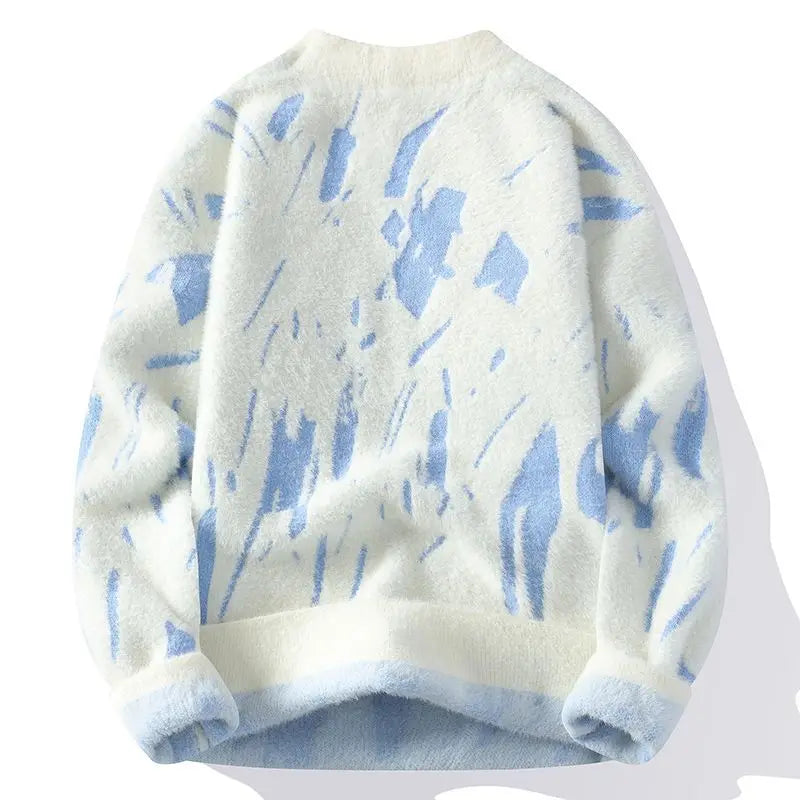 Winter Men's Thickened Fleece Sweater Irregular Jacquard Pattern Casual Round Neck Pullover Tops Striped Soft Knitted Sweaters