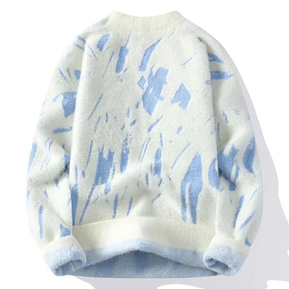 Winter Men's Thickened Fleece Sweater Irregular Jacquard Pattern Casual Round Neck Pullover Tops Striped Soft Knitted Sweaters