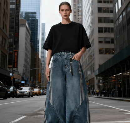 Women Wide Leg Jeans Vintage Y2K Reconstruction Custom Distressed Wash Stripe Denim Pants Trendy Comfort Fit