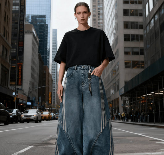 Women Wide Leg Jeans Vintage Y2K Reconstruction Custom Distressed Wash Stripe Denim Pants Trendy Comfort Fit