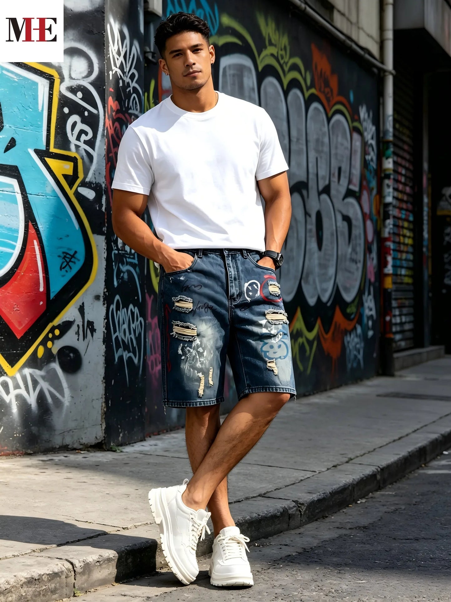 HME Loose Straight Denim Pants, Men's Vintage Knee Shorts with Unique Graffiti Artwork & Washed Denim Craft