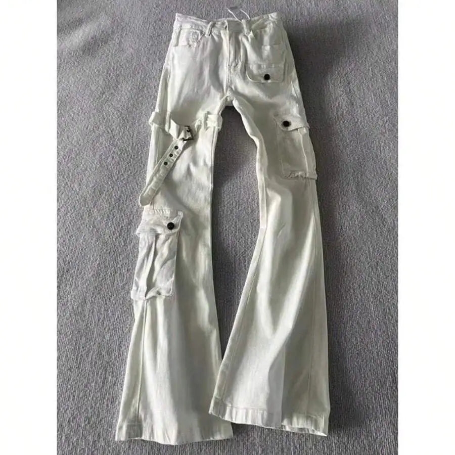 Mens White Cargo Jeans High Waist Wide Leg Flared Work Pants Casual Denim