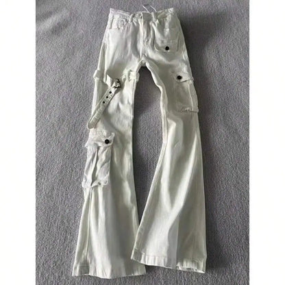 Mens White Cargo Jeans High Waist Wide Leg Flared Work Pants Casual Denim