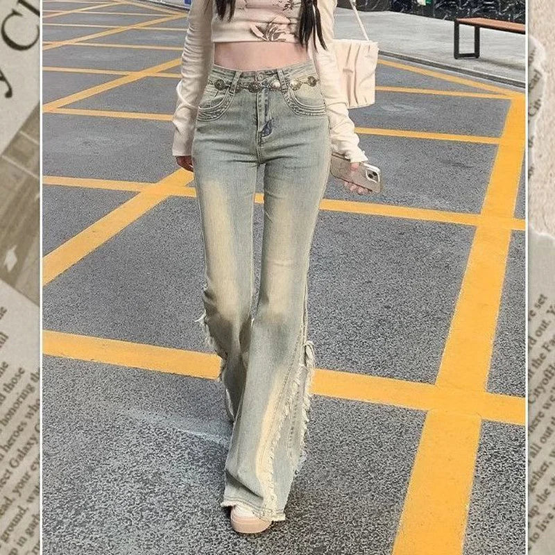 Women Vintage Blue Jeans High Waist American Retro 90s Raw Material Edge Design Y2k Denim Pants Streetwear Wide Leg Jeans