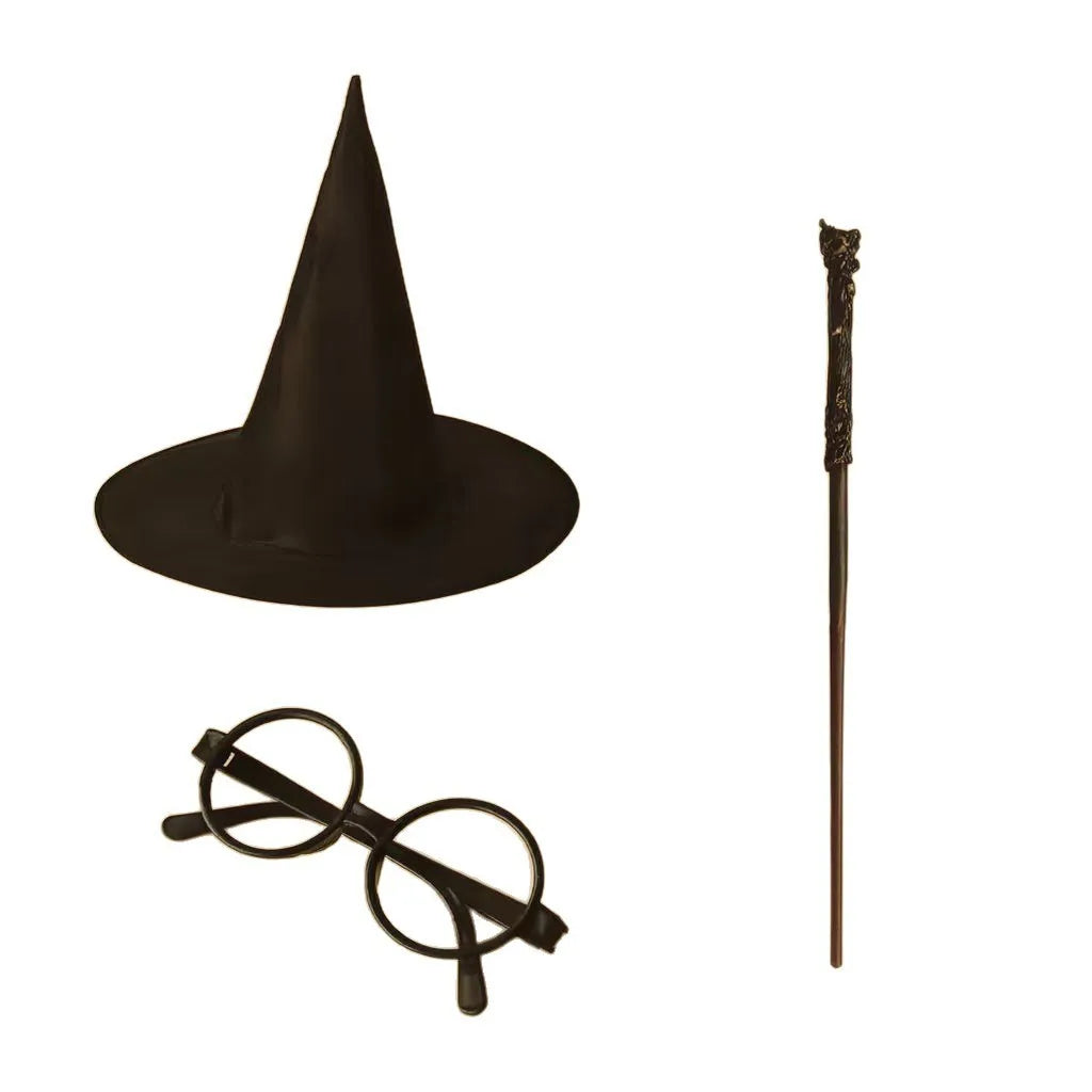 Halloween Wizard Costume Accessory Set Black Witch Hat Round Glasses Magic Wand Cosplay Props for Harry Potter Themed Party Fanc