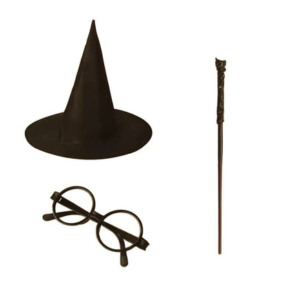 Halloween Wizard Costume Accessory Set Black Witch Hat Round Glasses Magic Wand Cosplay Props for Harry Potter Themed Party Fanc