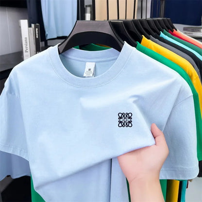 Summer Luxury 100_cotton Man Short-Sleeved T-Shirt Round Neck Delicate Embroidery Absorb Sweat Ventilate Leisure Men's Clothing