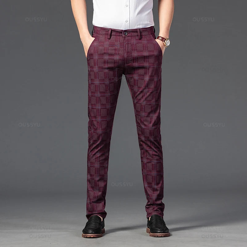 2024 New Men's Casual Plaid Pants Business Casual Slim Fit Black Blue Red Khaki Classic Style Trousers Male Brand Luxury Clothes