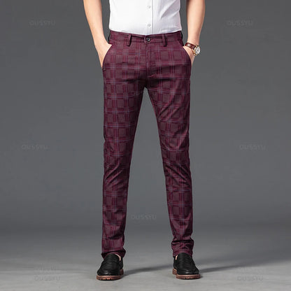 2024 New Men's Casual Plaid Pants Business Casual Slim Fit Black Blue Red Khaki Classic Style Trousers Male Brand Luxury Clothes