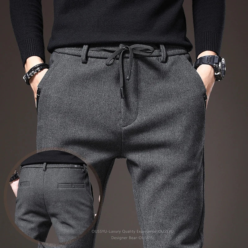 Good Quality Autumn Casual Pants Men Business Slim Elastic Waist Stretch Work Brushed Fabric Blue Trousers Male Brand Clothes